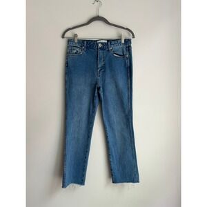 Something Navy Womens High Rise Straight Leg Raw Hem Jeans Medium Wash  Size 8